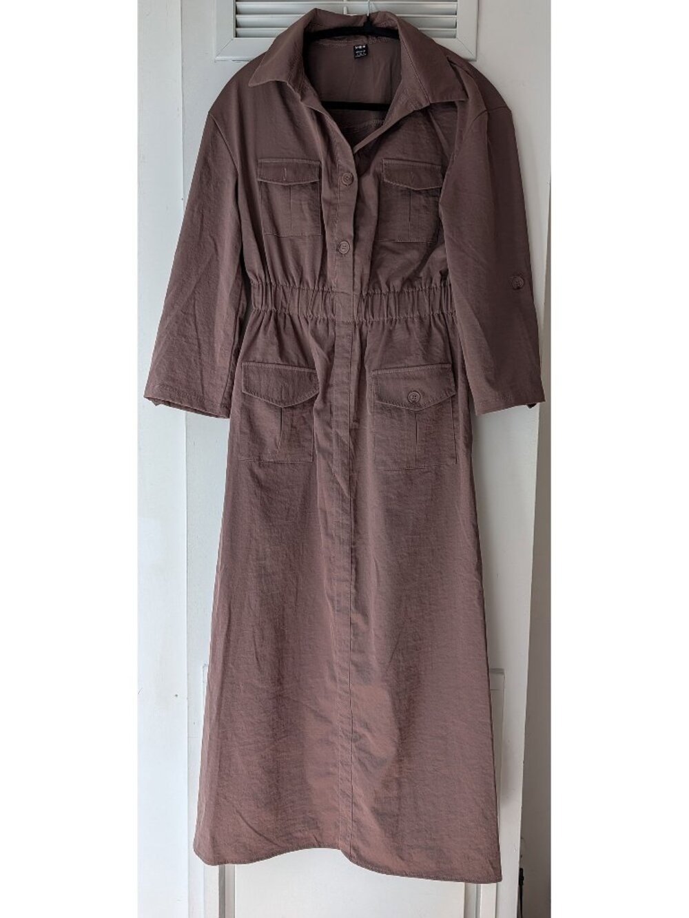 Safari-inspired midi maxi shirt dress in Mushroom Brown casual utility work S